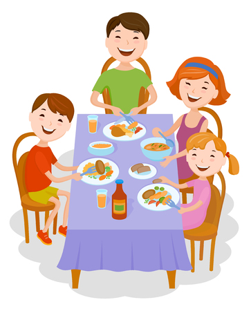 Fun cartoon family in colorful stylish clothes dined at the table. Father, mother and childrenのイラスト素材