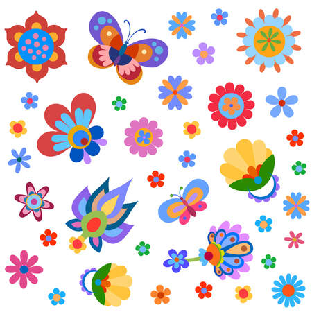 Background with naive style colorful flowers and butterfliesのイラスト素材