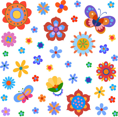 Background with naive style colorful flowers and butterfliesのイラスト素材