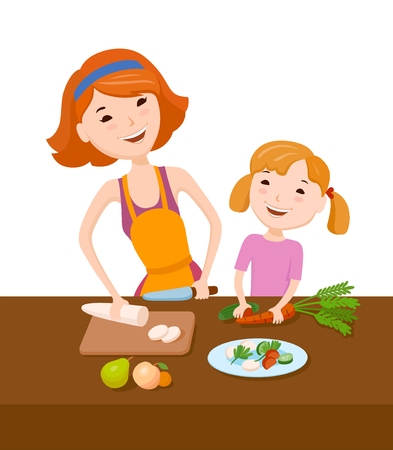 Mother and daughter prepare dinner togetherのイラスト素材
