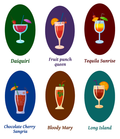 Set of vector cocktails. Flat style summer cocktails. Drink alcohol infographic icons on brown backgroundのイラスト素材