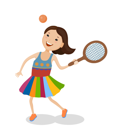 Cheerful cute little girl playing tennis in bright colorful clothesのイラスト素材