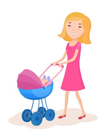 Mother rolls her baby in a strollerのイラスト素材