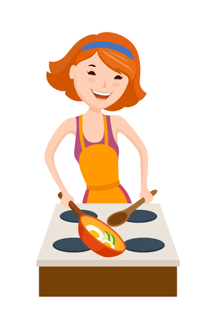 Fun cartoon small girl dined at the tableのイラスト素材