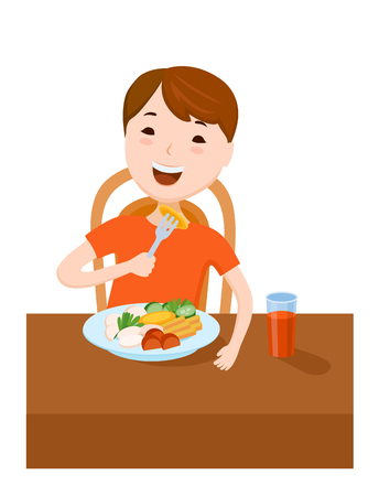 Fun cartoon small boy dined at the tableのイラスト素材
