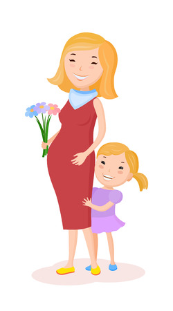 Pregnant happy woman in burgundy dress with daughter and with bouquet of flowersのイラスト素材