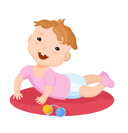 Cute baby creeps. The first movements of a toddler with beanbagのイラスト素材