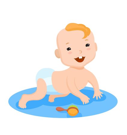 Cute baby creeps. The first movements of a toddler with beanbagのイラスト素材