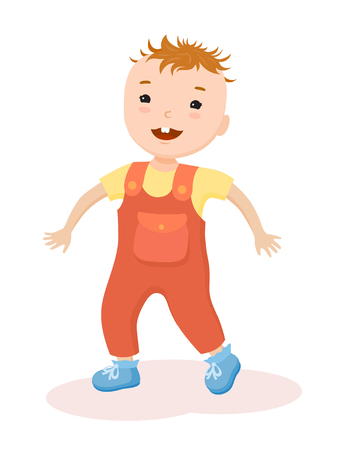 Cute baby's  first step. The first movements of a little boy in a overallsのイラスト素材