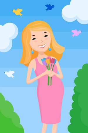 Pregnant happy woman in a pink dress with bouquet of flowers. The future mother standing on the pattern of the spring environmentのイラスト素材