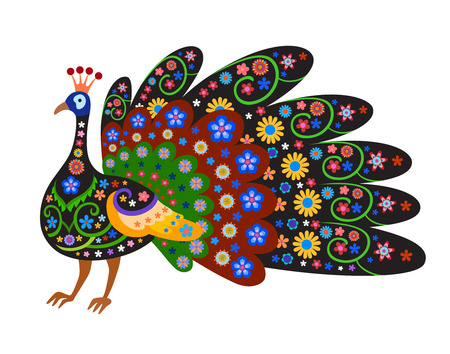 Black silhouette of peacock with with ethnic pattern and naive style colorful flowers. Perfect card or any kind of designのイラスト素材