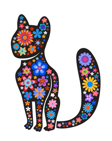 Black silhouette of cat with naive style colorful flowers. Perfect card or any kind of designのイラスト素材