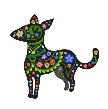 Black silhouette of dog with with ethnic pattern and naive style colorful flowers. Perfect card or any kind of designのイラスト素材
