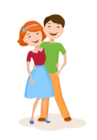 Fun cartoon married heterosexual couple. Young happy family in colorful stylish clothes. Cheerful Mom and Dad spend time togetherのイラスト素材