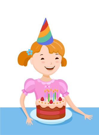 Fun cartoon girl celebrating the birthday. Before the girl, a birthday cake with candlesのイラスト素材