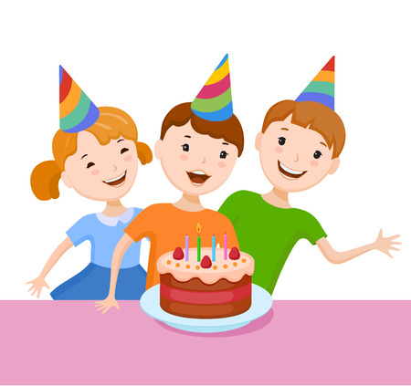 Fun cartoon company of a friends and relatives kids celebrating the birthday. They try to blow out a candle on the cakeのイラスト素材