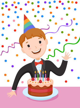 Fun cartoon boy celebrating the birthday. Before the boy, a birthday cake with candlesのイラスト素材