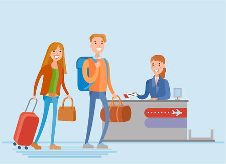 Flat style vector young people goes to check in. A young girl and a guy are waiting their turn at the check in counterのイラスト素材