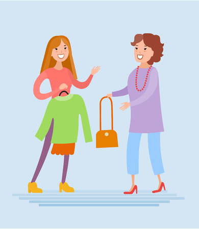 Flat style vector mother and daughter are shopping. They are dressed in fashionable colorful clothesのイラスト素材