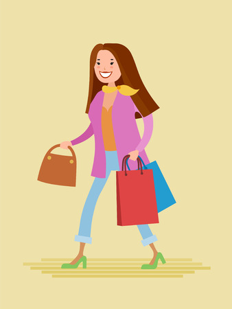 Flat style vector young woman are shopping. She are dressed in fashionable colorful clothesのイラスト素材
