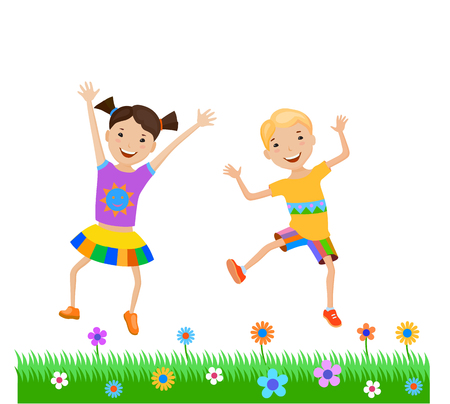 Dancing of little cartoon fun kids in colorful clothesのイラスト素材