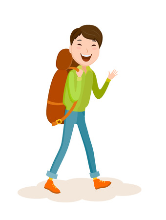 Cartoon vector young man goes on a journey with a backpackのイラスト素材