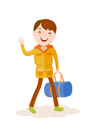 Cartoon vector small boy goes on a journey with a bagのイラスト素材