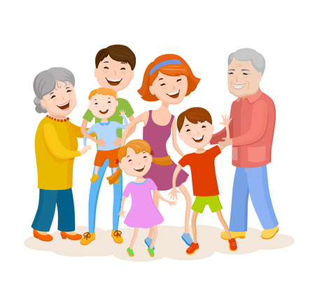 Fun cartoon family in colorful stylish clothes. Father, mother children grandmother and grandfather all together one familyのイラスト素材