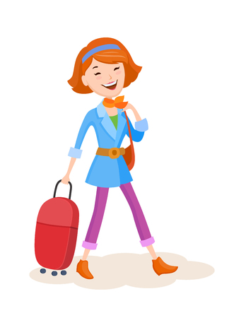 Cartoon vector young woman goes on a journey with a handbag and suitcaseのイラスト素材