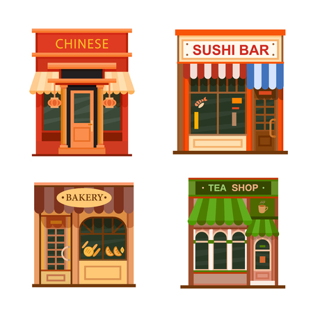 Flat style cafe restaurant shop store little tiny fancy icon set. Chinese, sushi bar, bakery, tea shopのイラスト素材