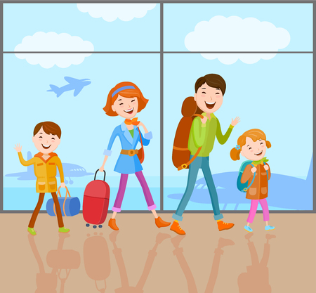 Cartoon vector family goes on a journey with a bag, a handbag, a backpack and suitcase. The family came to the airport to fly by planeのイラスト素材