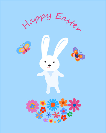 Easter greeting card with cartoon baby hare, butterflies and flowersのイラスト素材