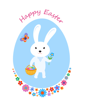 Easter greeting card with cartoon baby hare, butterfly and flowersのイラスト素材