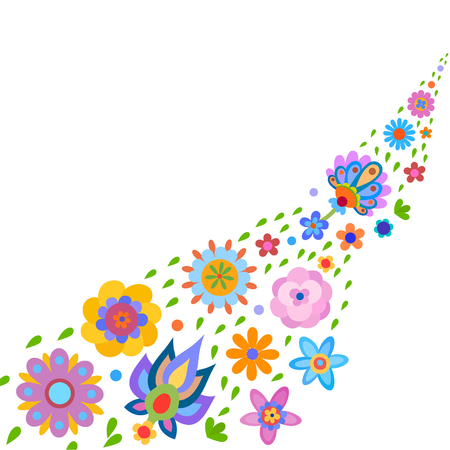 Greeting card with naive style colorful flowers. Or set of decorative elements for any kind of designのイラスト素材