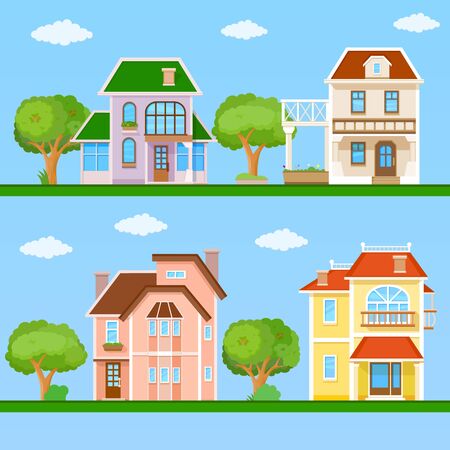 Flat house front icon set, vector illustrationのイラスト素材