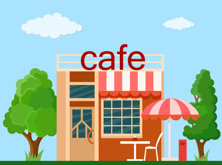 Colorful  cafe front view on nature background, vector illustrationのイラスト素材