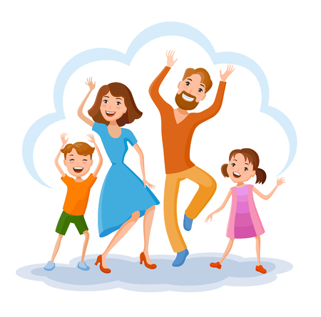 Fun cartoon family in colorful stylish clothes. Father, mother and children, daincing all together one familyのイラスト素材