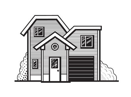Black and white cottage facade, on white background. Vector illustrationのイラスト素材