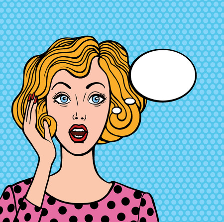 Pop art style vector illustration with hand drawn outline. Surprised blond woman face with open mouth. Comic woman with speech bubbleのイラスト素材