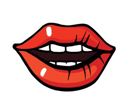 Fashion pop art style lips patch badge. Vector sticker, pin, patche in cartoon 80s-90s comic styleのイラスト素材