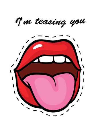 Fashion pop art style lips patch badge. Vector sticker, pin, patche in cartoon 80s-90s comic styleのイラスト素材