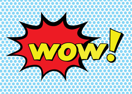 Wow, word in speech bubble patch badge. Pop art style vector sticker, pin, patche in cartoon 80s-90s comic styleのイラスト素材
