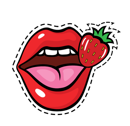 Fashion pop art style lips patch badge. Vector sticker, pin, patche in cartoon 80s-90s comic styleのイラスト素材