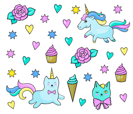 Pattern with fashion patch badges for girls. Unicorns, hearts, cats, flowers, sweets and other elements. Vector stickers, pins, patches in cartoon 80s-90s comic style.のイラスト素材
