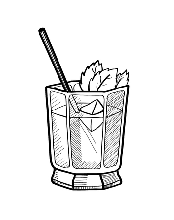 Alcoholic cocktail hand drawn vector illustration. Vintage cocktail icon with ice, and leaves of mint.のイラスト素材