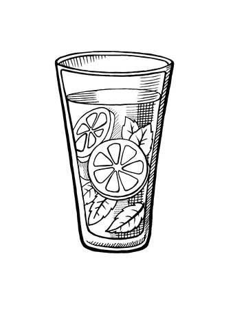 Alcoholic cocktail hand drawn vector illustration. Vintage cocktail icon with ice, lime, and leaves of mint, beverage pencil drawing for bar or pub menu.のイラスト素材