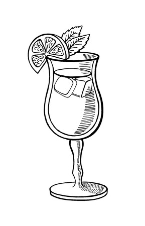 Alcoholic cocktail hand drawn vector illustration. Vintage cocktail icon with ice, orange and leaves of mint, beverage pencil drawing for bar or pub menu.のイラスト素材