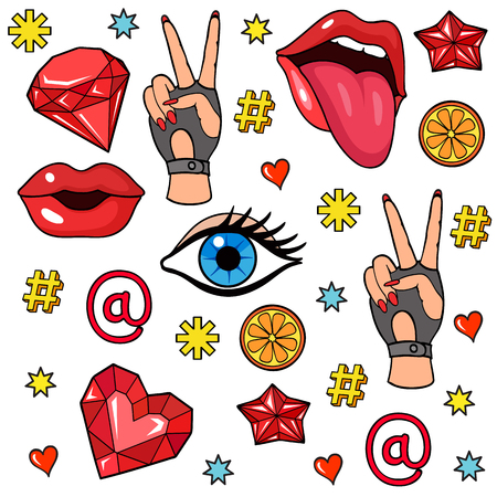 Background with fashion patch badges. Lips, hearts, hand gesture, eyes and other elements. Comic book style vector stickers, pins, patchesのイラスト素材