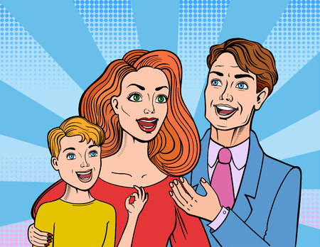 Comic book style family says a speech bubble. Pop art style mother, father and sonのイラスト素材