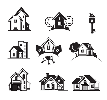 Black houses front icon set, on white background. Vector illustrationのイラスト素材